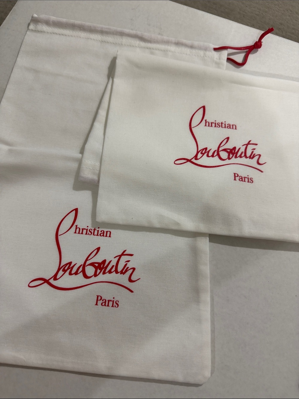 Christian Louboutin White Drawstring Dust Bags with Red Logo set of 2